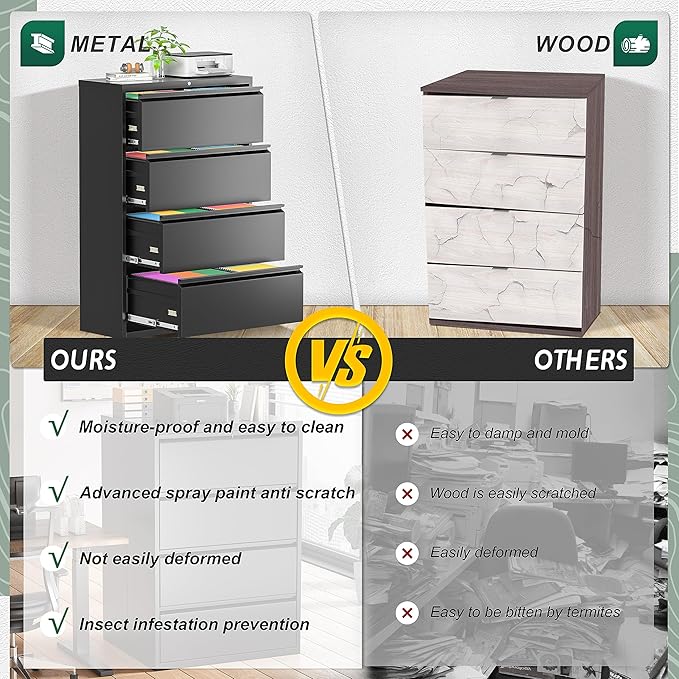 Superday Filing Cabinet Lateral File Cabinet 4 Drawer, Filing Cabinets with Lock, Locking Metal File Cabinets for Home OfficeLegal/Letter/A4/F4(Black)