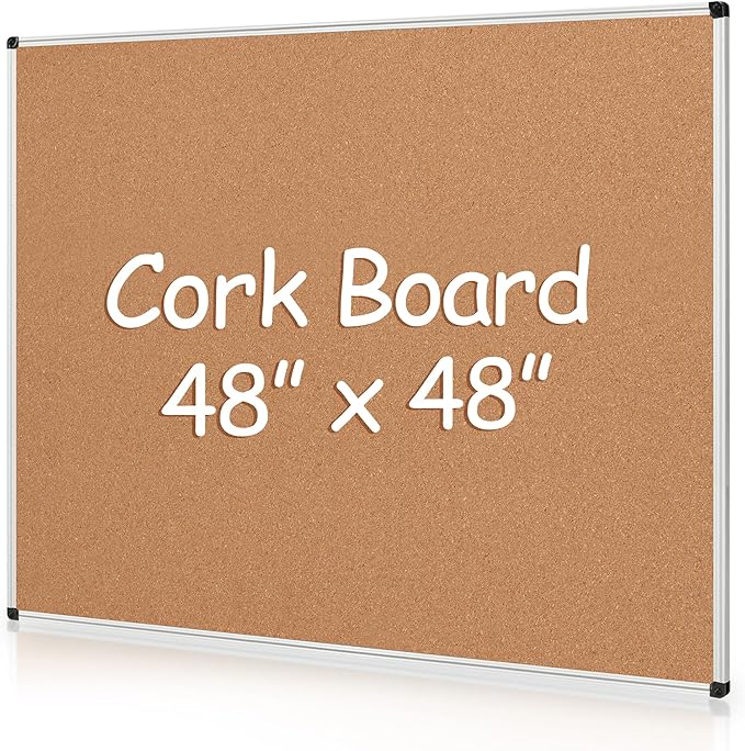 Board2by Extra Large Cork Bulletin Board 48" X 48", Silver Aluminum Framed 4'x4' Corkboard for Wall, Wall Mounted Notice Pin Board with 18 Push Pins for School, Home & Office
