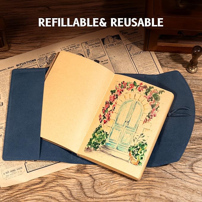 Vintage Leather Journal for Women Men, Junk Journal Notebook Soft Cover, Book of Shadows Journals for Travel Diary Scrapbook Sketchbook Journaling Writing, Blue