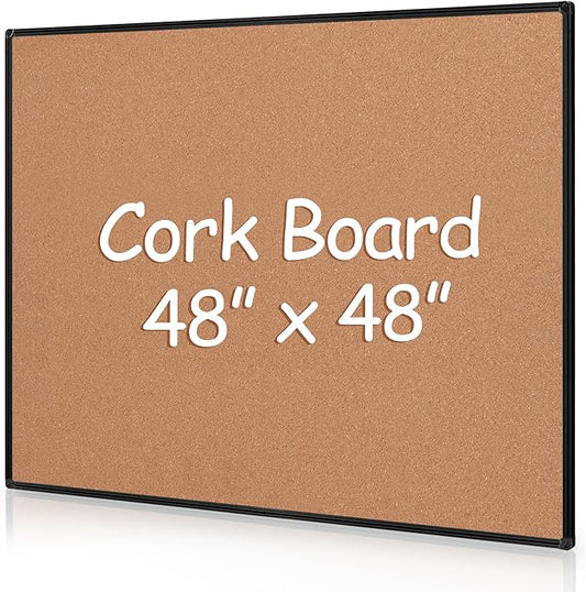 Board2by Extra Large Cork Bulletin Board 48" X 48", Black Aluminum Framed 4'x4' Corkboard for Wall, Wall Mounted Notice Pin Board with 18 Push Pins for School, Home & Office
