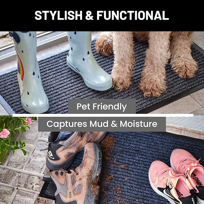 Sierra Concepts Front Door Mat Welcome Floor Mats - Entryway Indoor Outdoor Entrance Doormat, Patio, Porch, Muddy Shoe, Inside Outside Low Profile, 30x17 inches, 2-Pack Gray