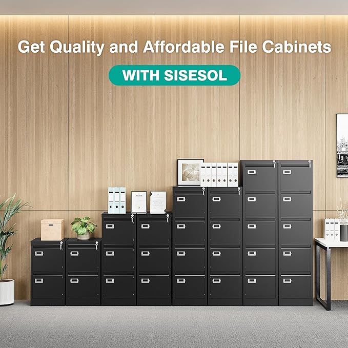 SISESOL 4 Drawer File Cabinet with Lock and Tag,Black Vertical File Cabinet,Narrow Locking Filing Cabinets with Drawers,Metal Filing Storage for Home Office Fit A4 Legal/Letter Size