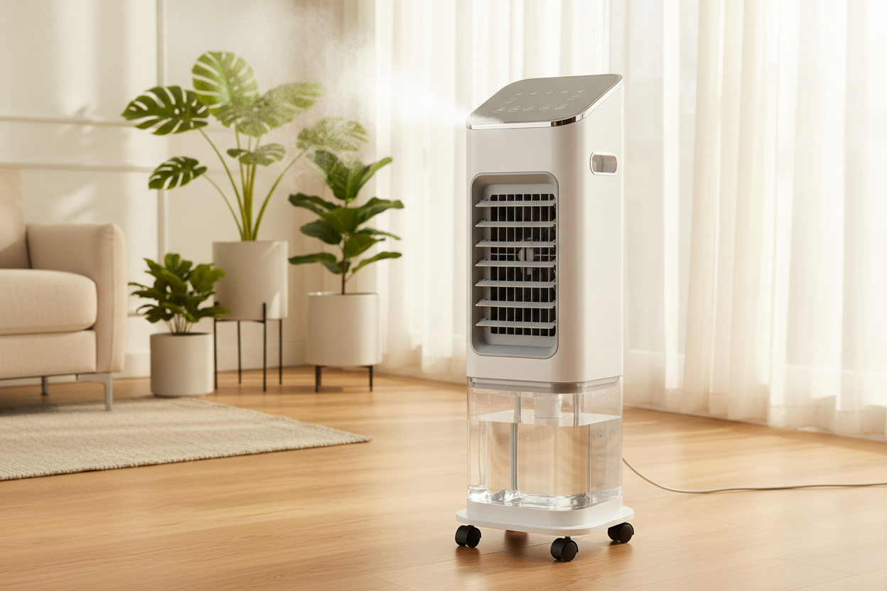 Air Coolers

Our air coolers provide an eco-friendly and cost-effective cooling solution.

Key Features:

Low energy consumption

Natural evaporative cooling technology

Easy-to-use controls and portable designs

Suitable for dry and warm climates

Ideal for: Customers seeking affordable and environmentally conscious cooling. (make it real photo)